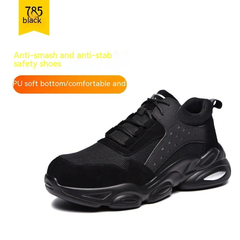 Black mesh breathable labour insurance safety shoes with anti-smash anti-puncture features and a PU soft sole.