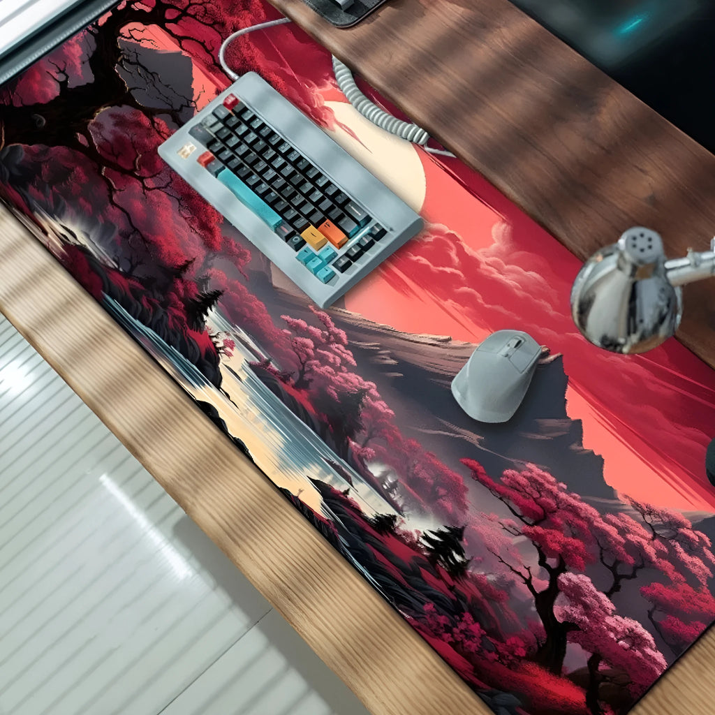 Anime pattern gaming mouse pad with non-slip rubber base on desk surface