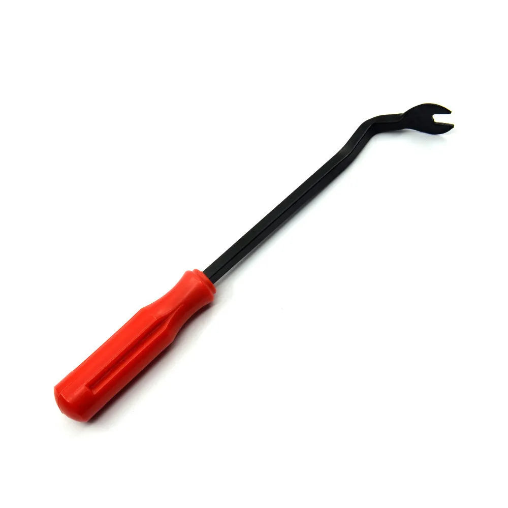 Red-handled steel automotive plier for GM door panel clip removal and horn driver nailing.