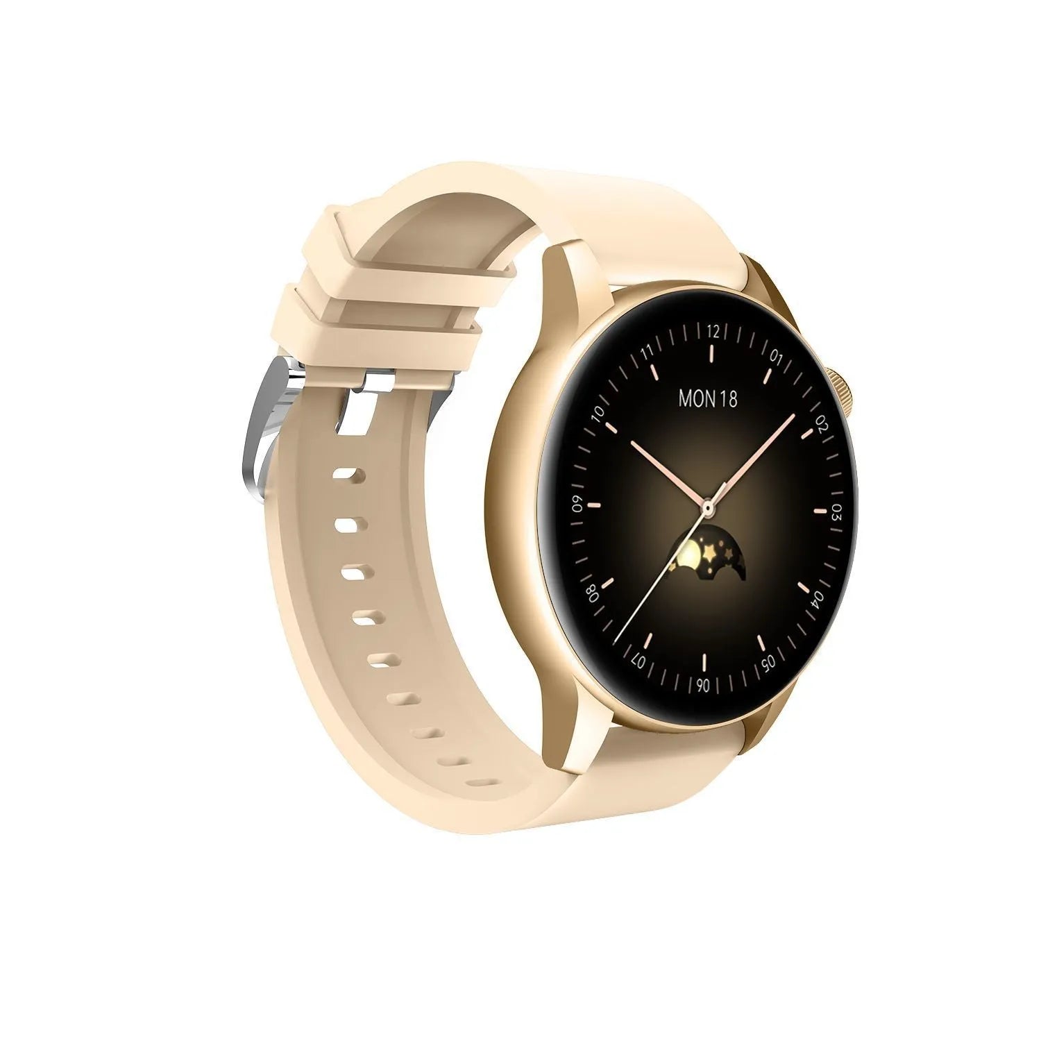 Black smart watch with 1.30-inch colour screen and stainless steel case on wrist