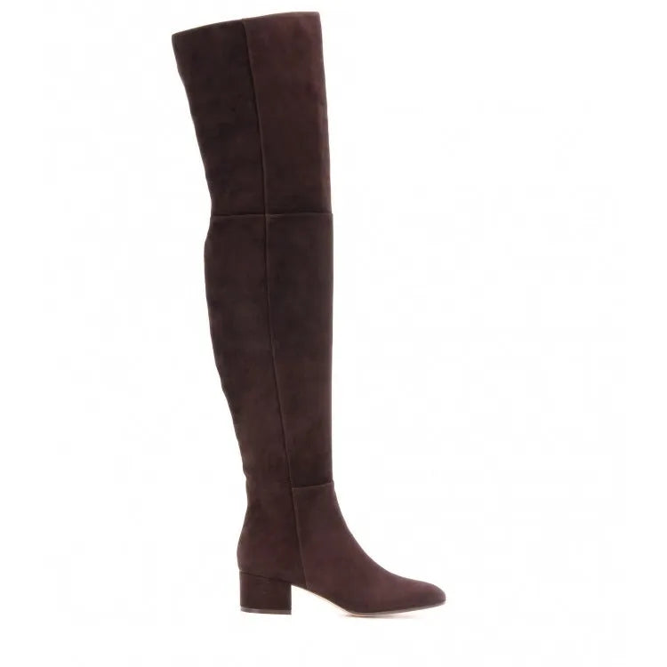 Women's grey suede over the knee flat boots with a pointed toe and low thick rubber sole.
