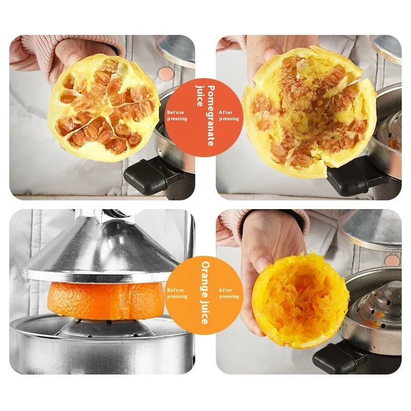 Black and white cast iron manual citrus juicer with stainless steel strainer, 40cm tall.