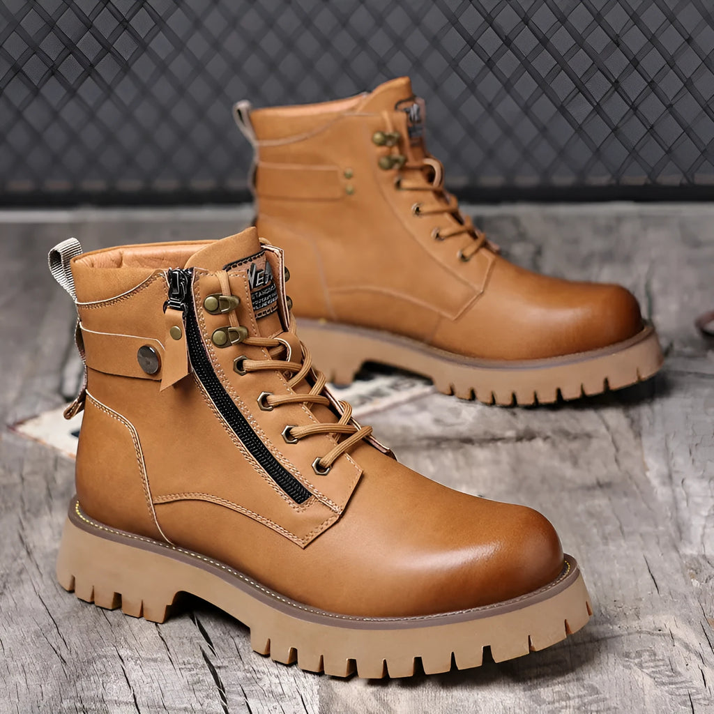 Men's brown leather Martin boots with side zipper and mid heel