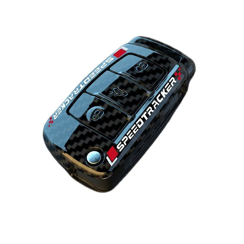Carbon fibre style car key holder cover in white and carbon colour options with a small mirror.