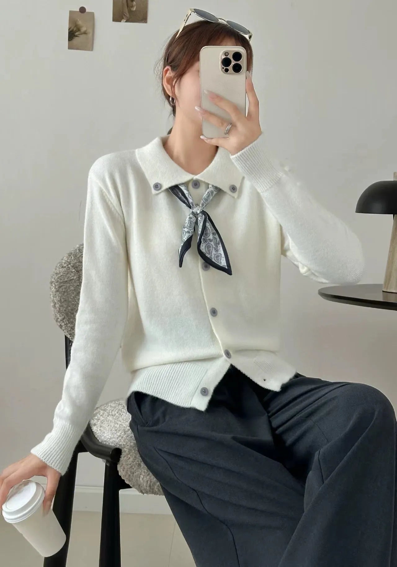Women's lapel scarf sweater cardigan in acrylic fibre available in four neutral colours