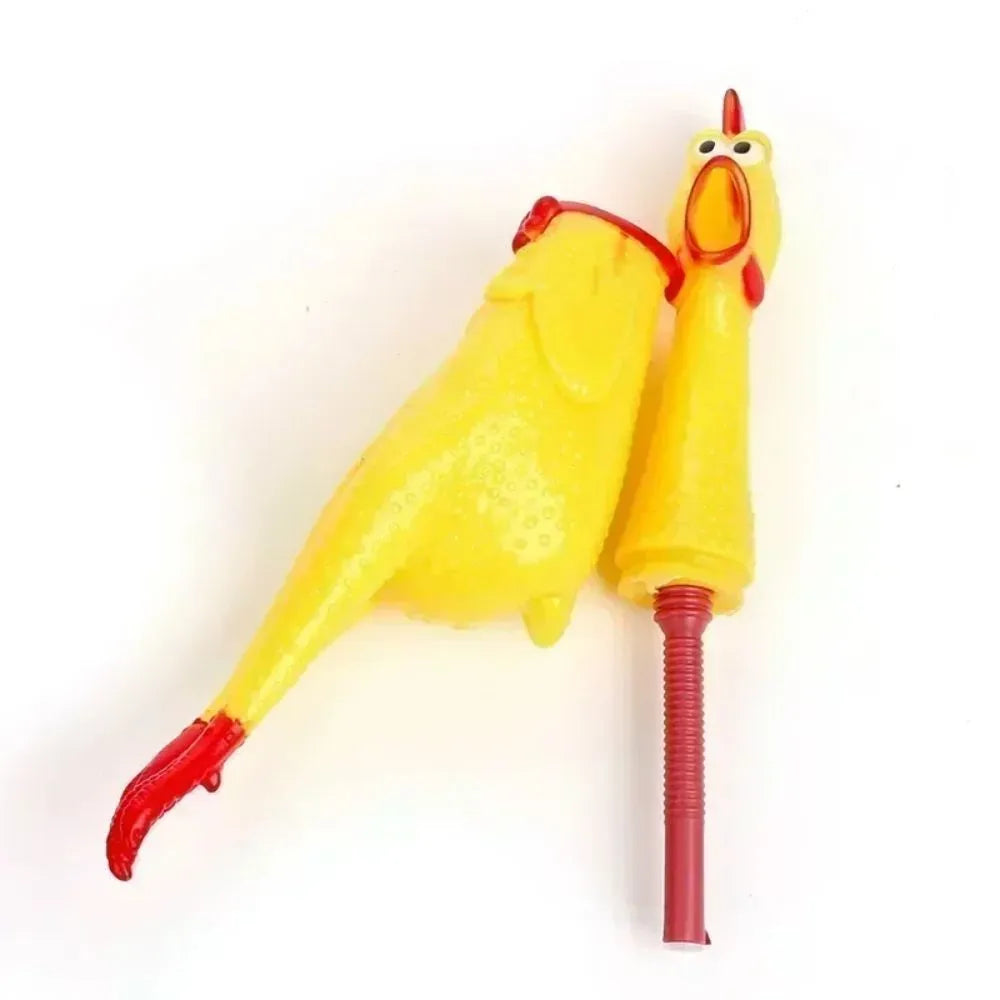 Yellow rubber screaming chicken dog chew toy showing three size options: small, medium, and large
