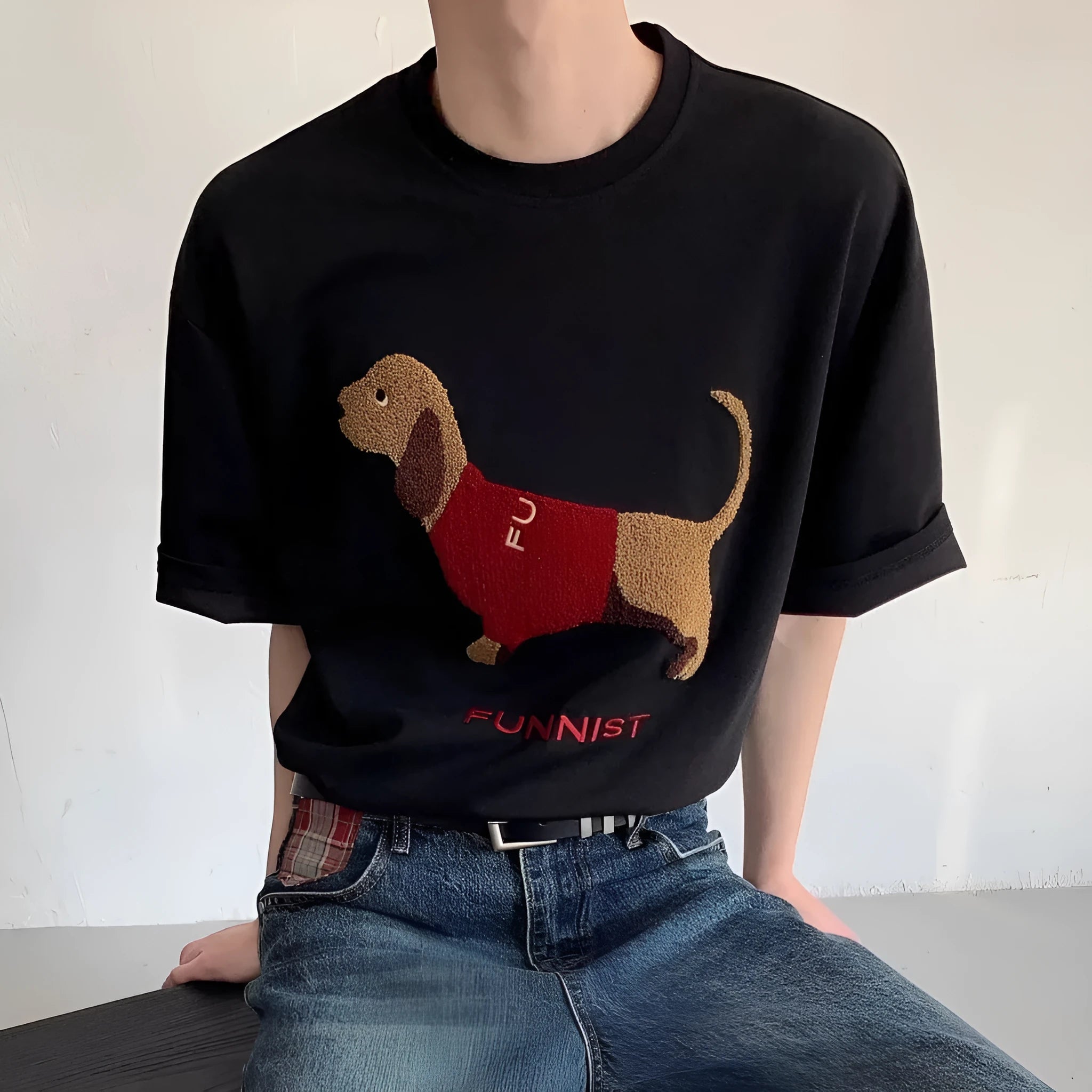 Men's grey cotton T-shirt with embroidered sausage dog design on the front.