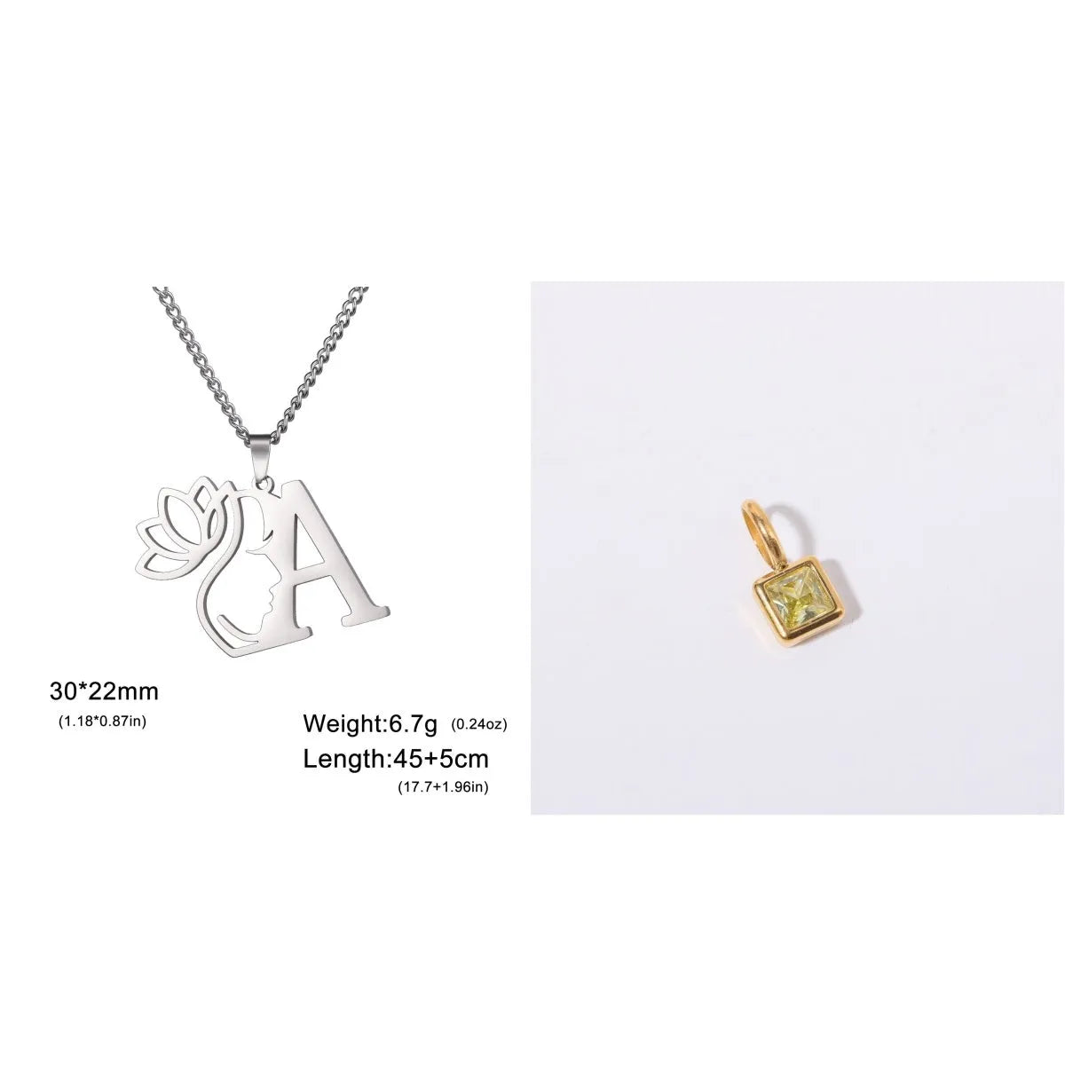 Stainless steel necklace with cross chain design and single letter pendant in gold or silver electroplated finish