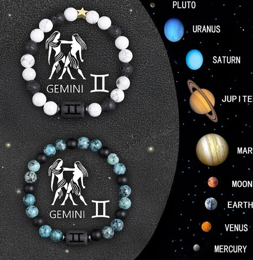 Set of twelve natural stone beaded bracelets showing different zodiac sign designs.