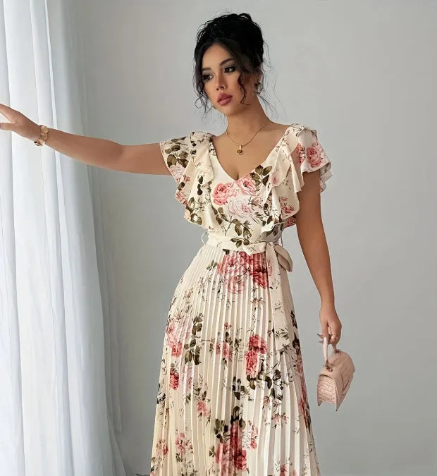 Apricot floral print dress with V-neckline and ruffled sleeves