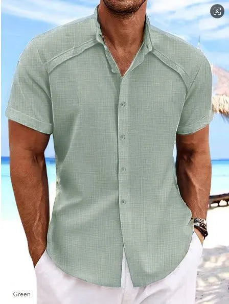 Men's solid colour short sleeve casual shirt in cotton blend fabric on a hanger.