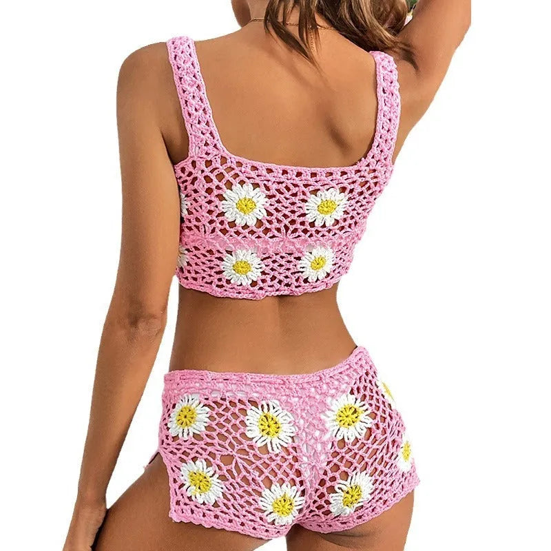 Light green and pink floral pattern bikini set made from lightweight hollow yarn fabric.