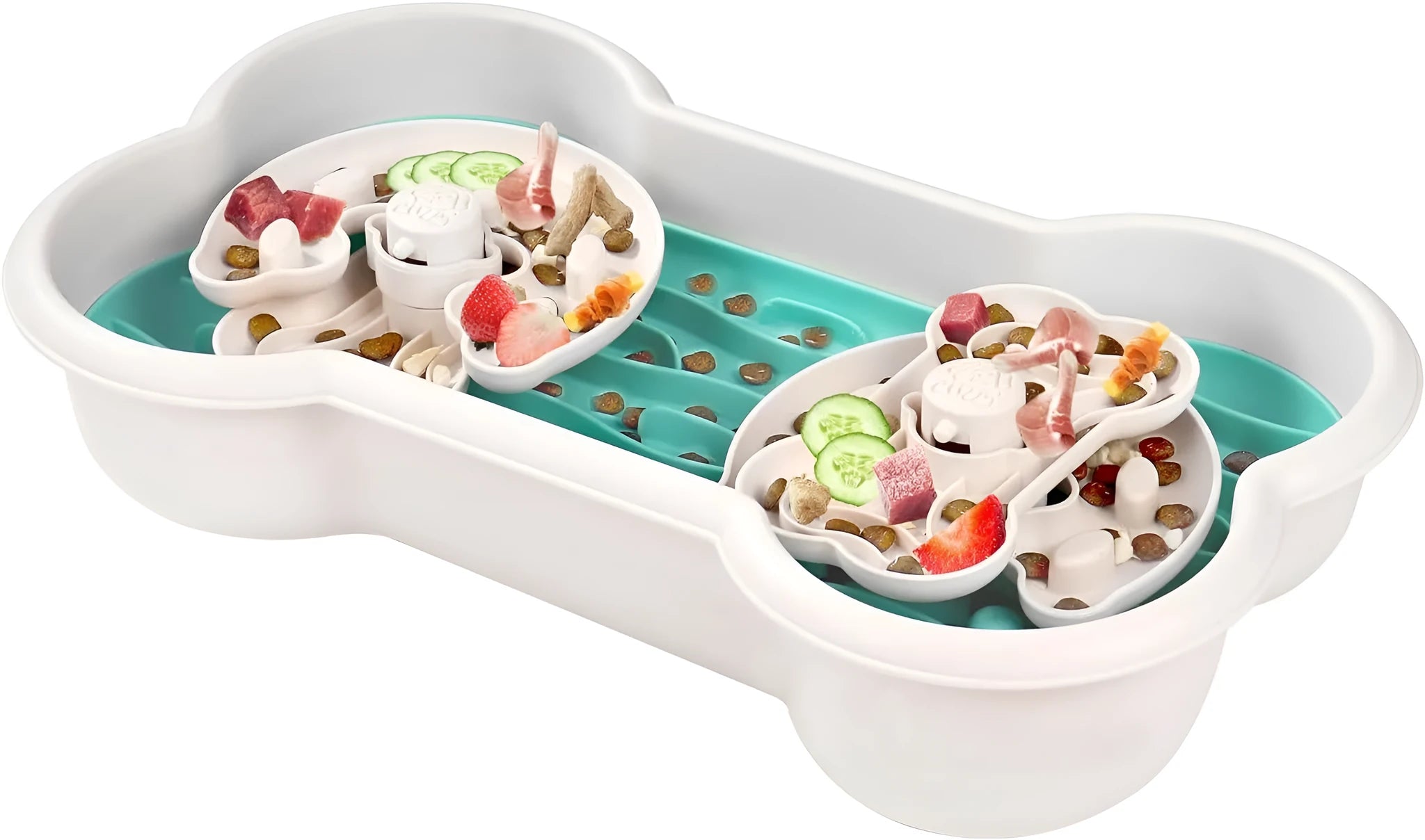 Large green dog slow feeder bowl with three puzzle trays and anti-slip suction cups