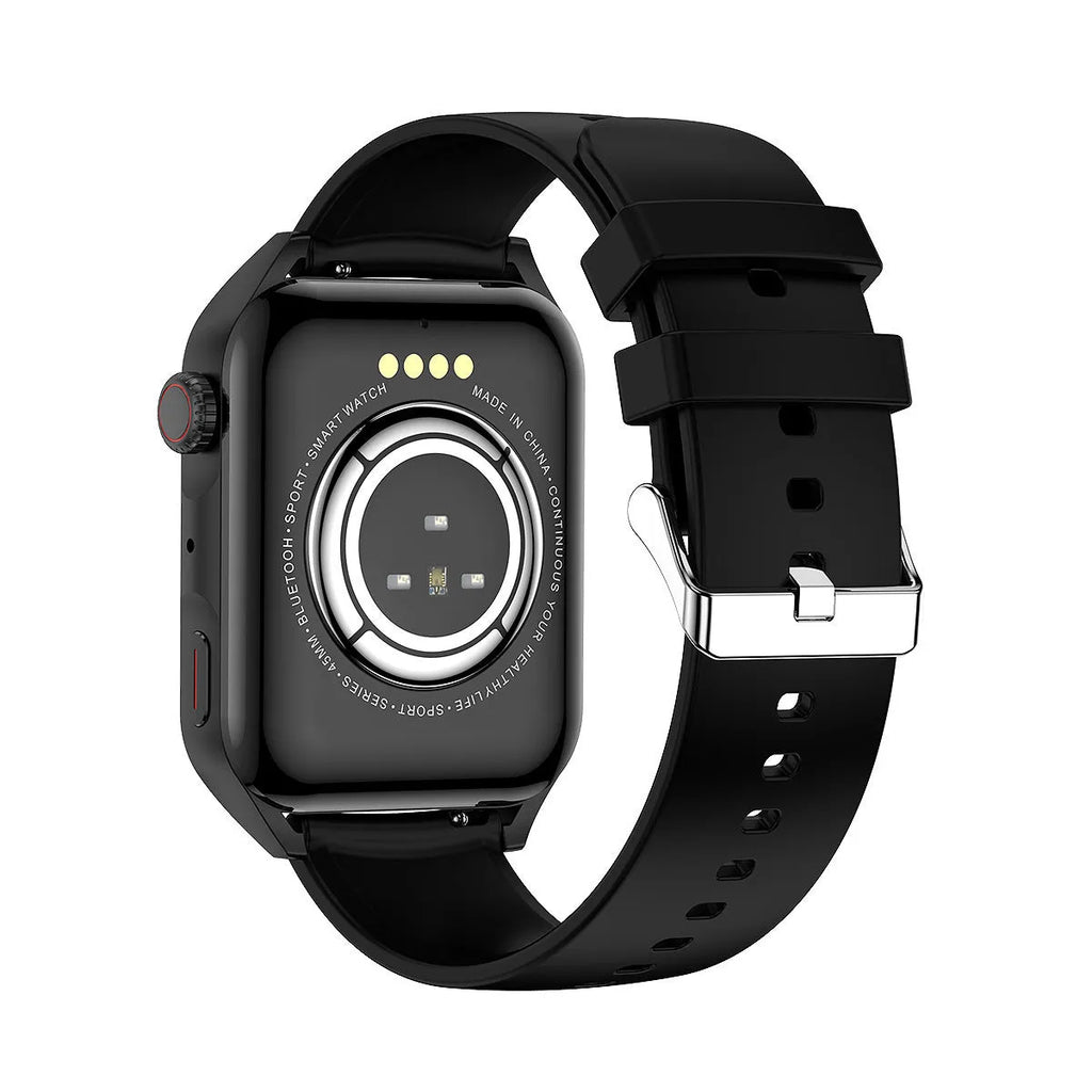 Silver grey smart watch with AMOLED screen and black silicone wrist strap on a wrist.