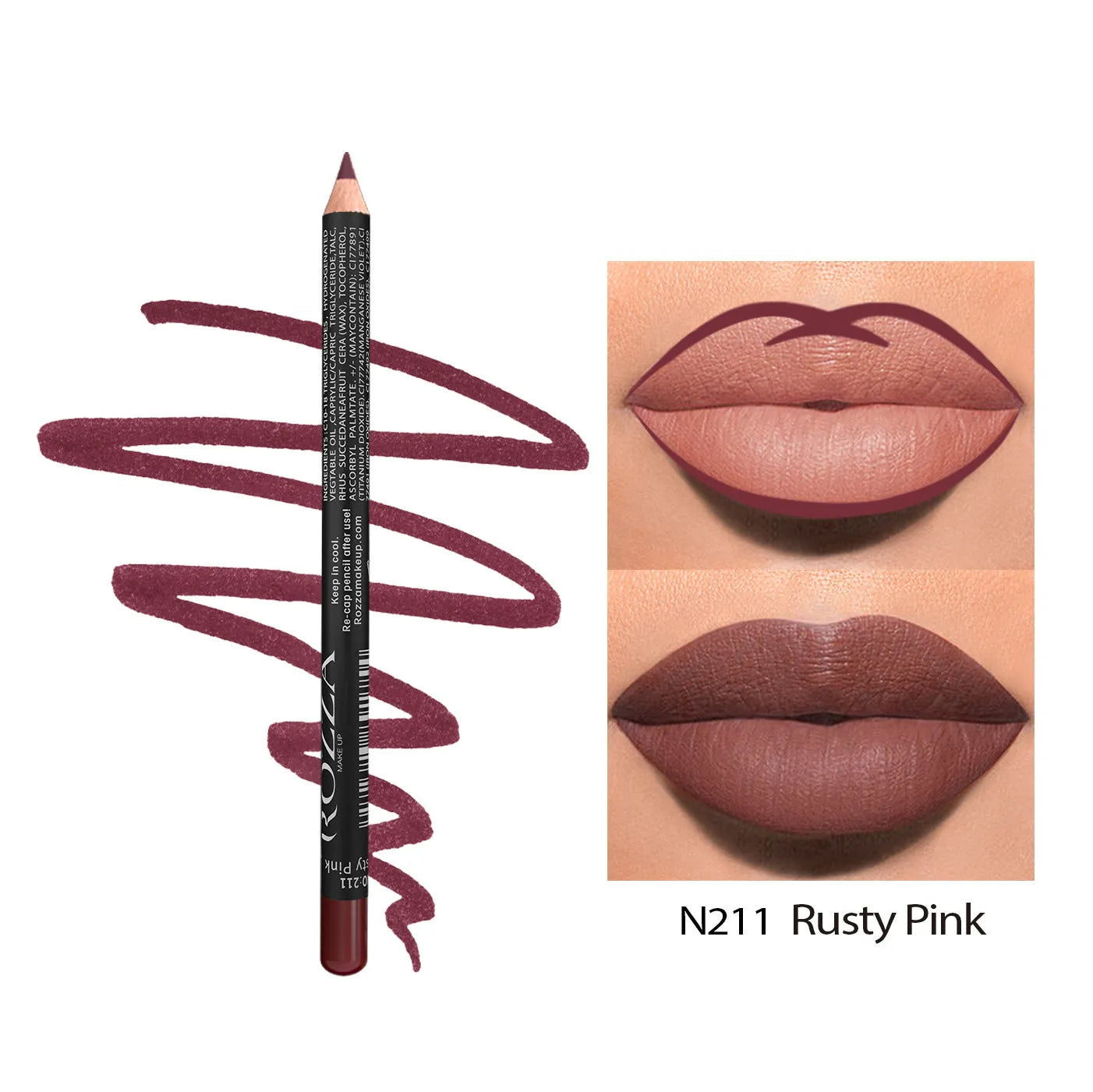 24-hour matte finish lip liner pencil in a range of wood tone shades on a white background.