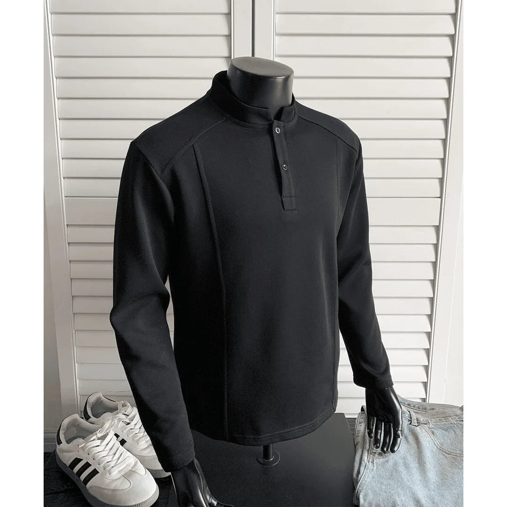 Men's gray patchwork stand-up collar long sleeve cotton sweater shirt on hanger