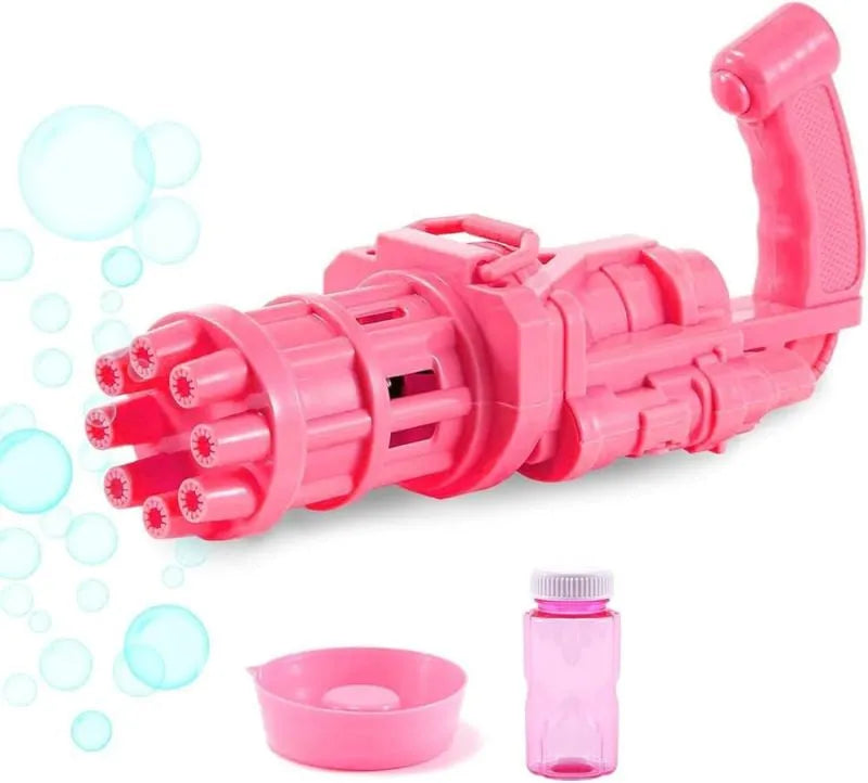 Child's plastic bubble blower gun in pink, gold, or black with removable bubble head for use as a fan.