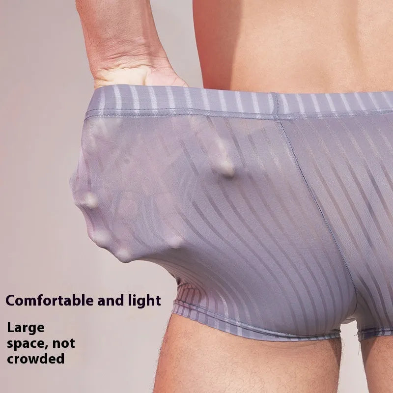 Men's striped nylon underwear in thin transparent fabric, black dark grey white colours