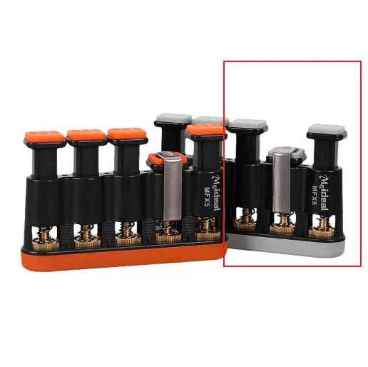 Grey and orange non-slip silicone finger trainer for guzheng, piano, and guitar practice.