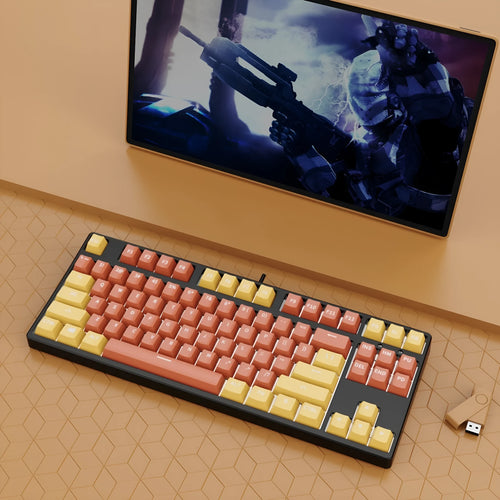 87-key wired mechanical keyboard with hot-swappable sockets showing colour options and included accessories