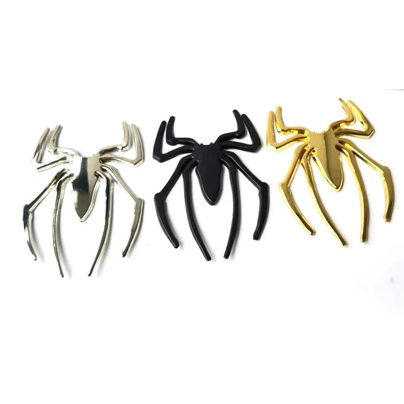 3D metallic spider bumper sticker in gold, silver, black, and red colour options.