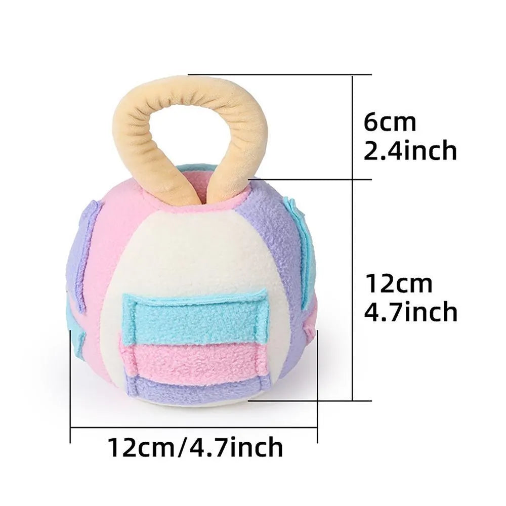 Pink and green plush squeaky ball dog toy with treat pockets and noisemaker