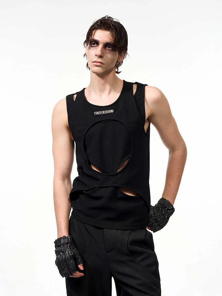 Men's black sleeveless pullover waistcoat with white hollow thread detailing and a round neck.