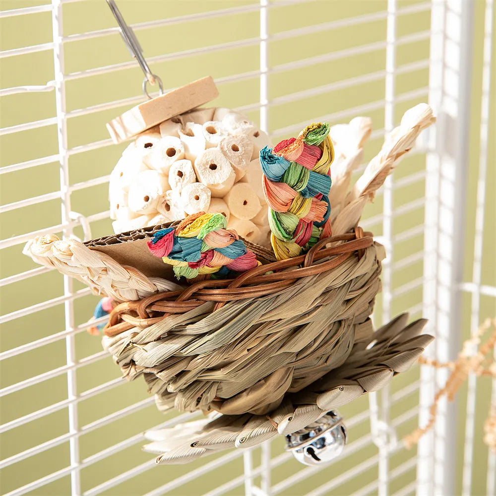 Three natural wood and rope parrot gnawing toys hanging as a bundle for large bird cage enrichment.