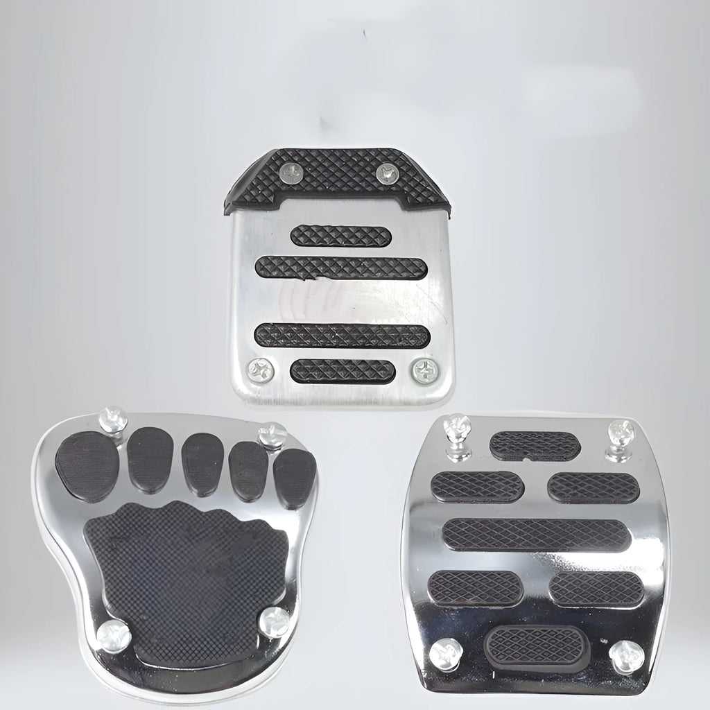 Metal motorcycle brake pedal skid plate replacement part showing three configuration options