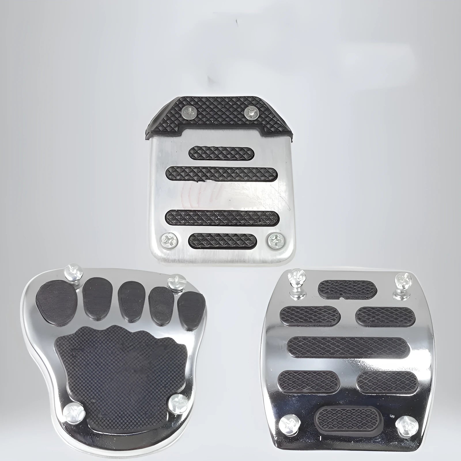 Metal motorcycle brake pedal skid plate replacement part showing three configuration options