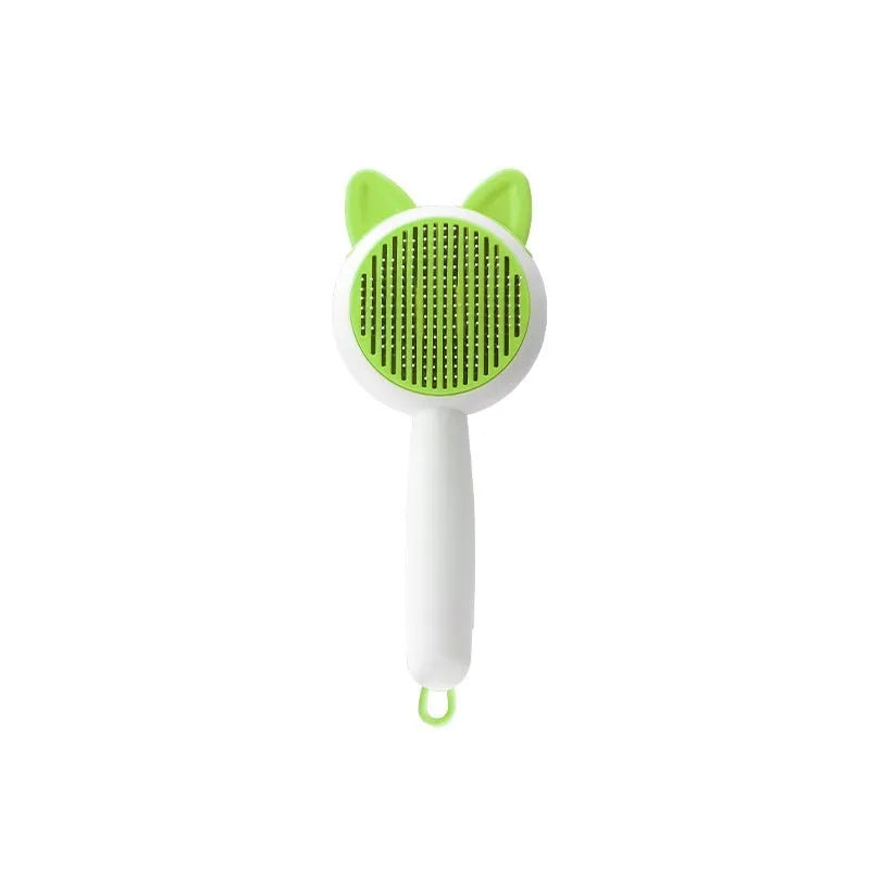 Self-cleaning pet grooming brush with stainless steel teeth in greenish white colour