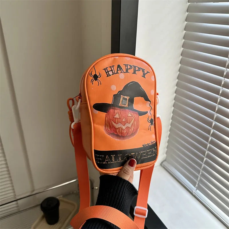 Halloween graffiti phone crossbody bag with cartoon pumpkin ghost bat prints in PU material