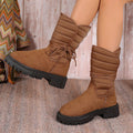 Women's black suede snow boots with chunky heel, lace-up front and fleece lining