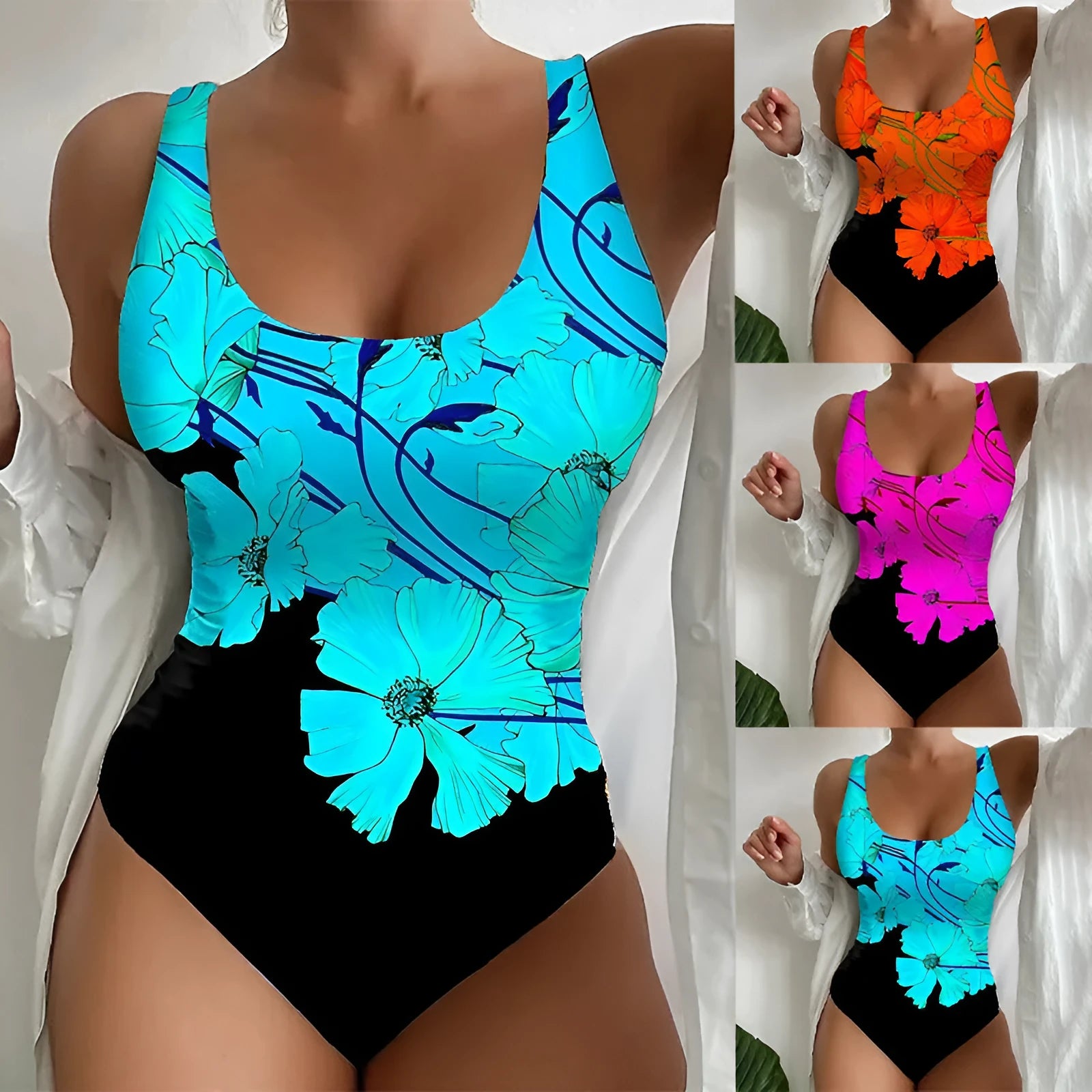 Women's tight fit one-piece swimsuit with 3D printed pattern in orange red, sky blue or purple with Lycra lining
