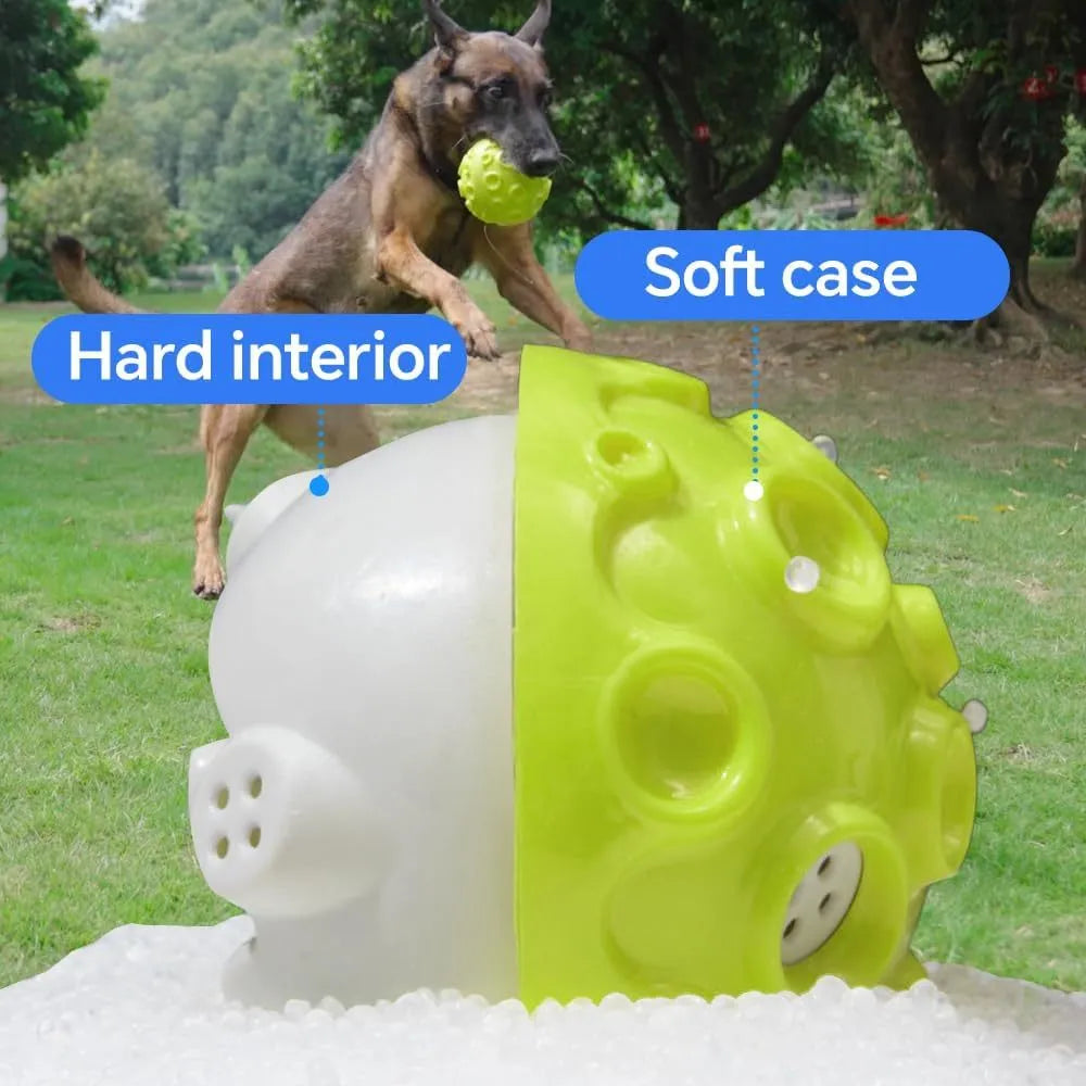 Colourful durable dog chew ball with textured meteorite bumps for teeth cleaning