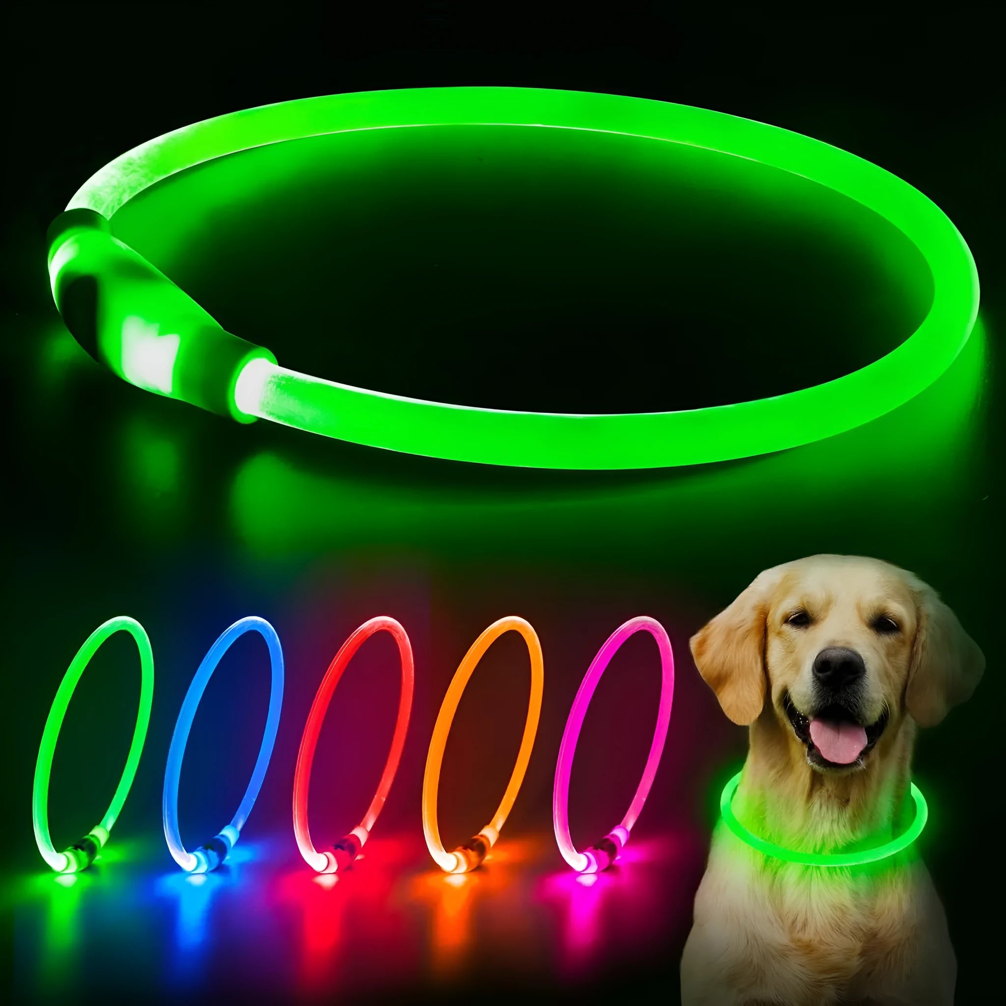 USB rechargeable LED dog collar glowing in dark with adjustable strap