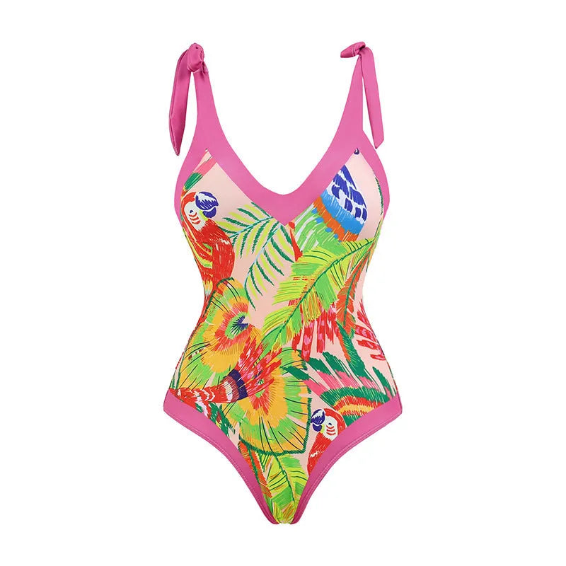Pink floral print retro one-piece swimsuit with V-neck and thin skirt for women.
