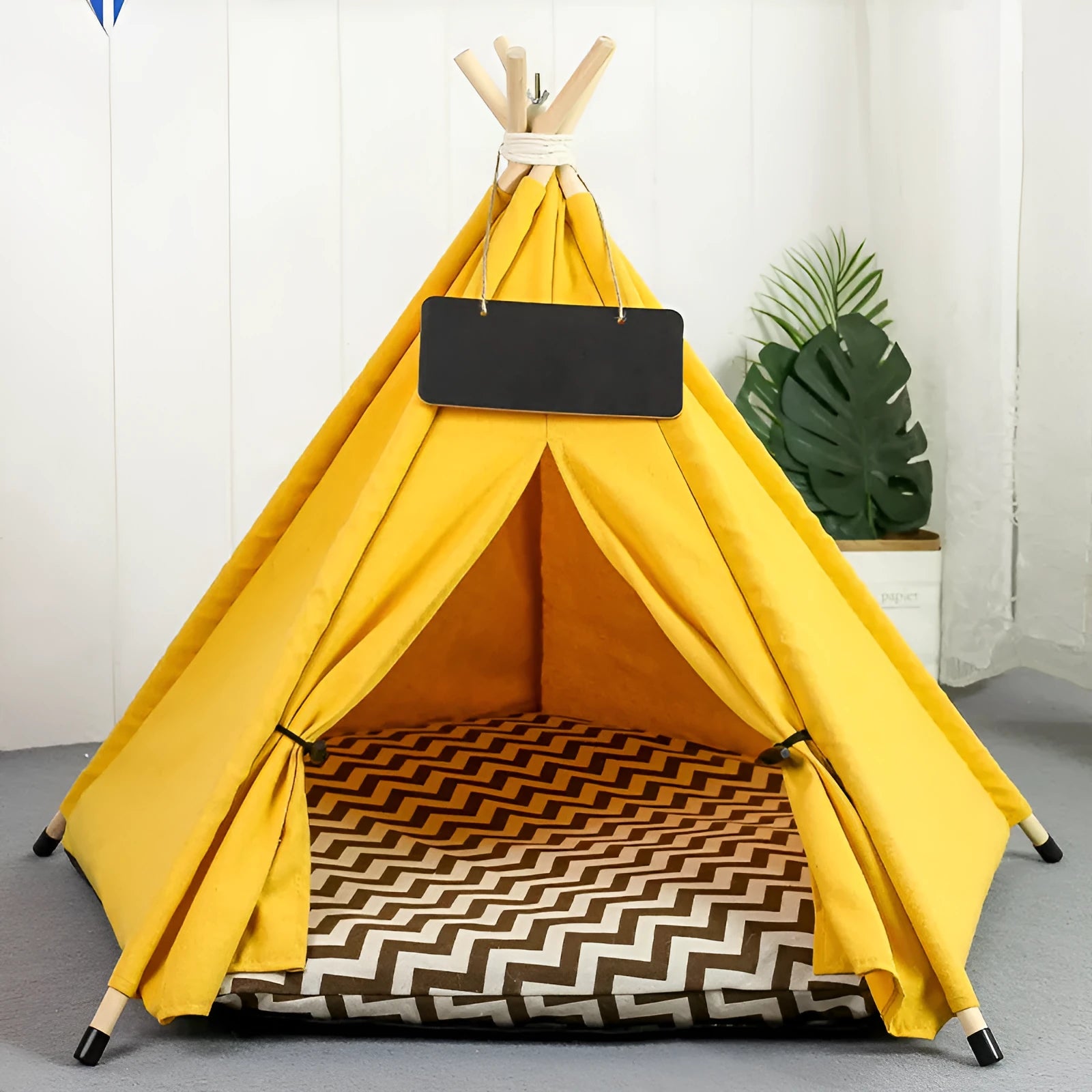 Striped linen pet teepee tent bed with cushion for a small dog or cat indoors