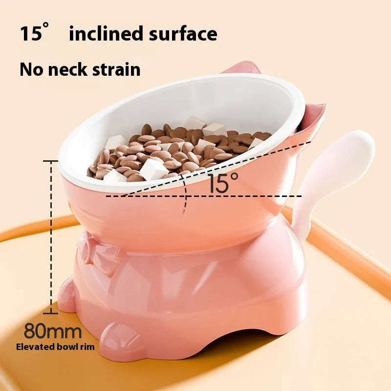 Stainless steel oblique anti-fall cat bowl in black, blue, pink, and yellow colour options.