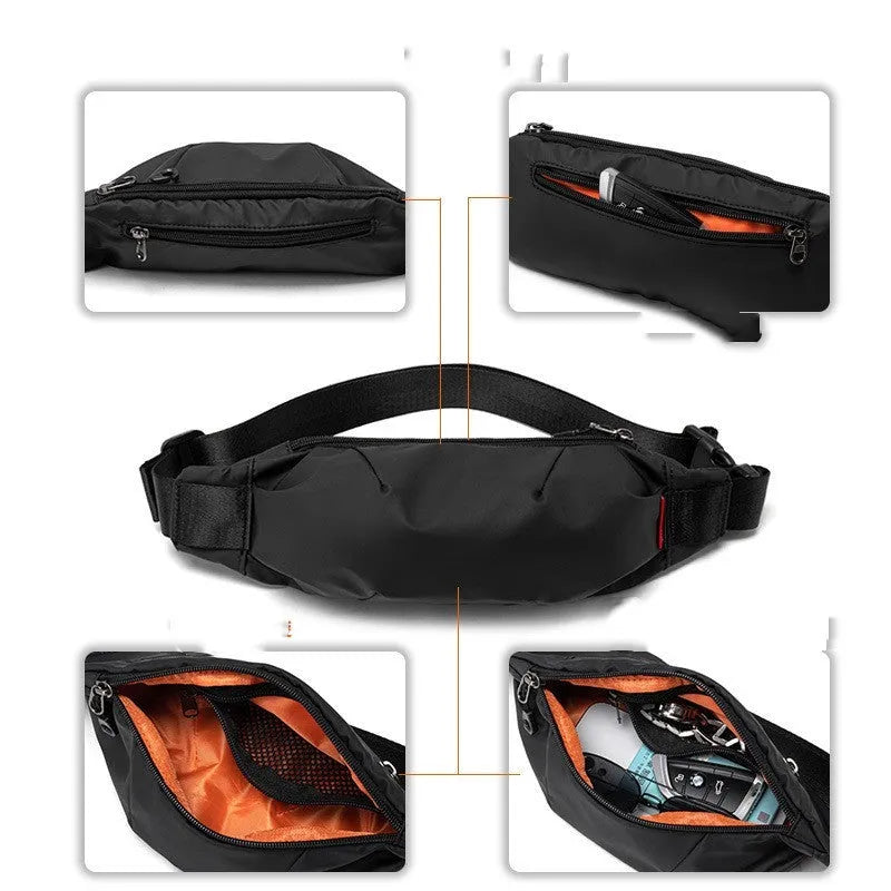 Black Oxford cloth crossbody waist pack showing front zipper and strap