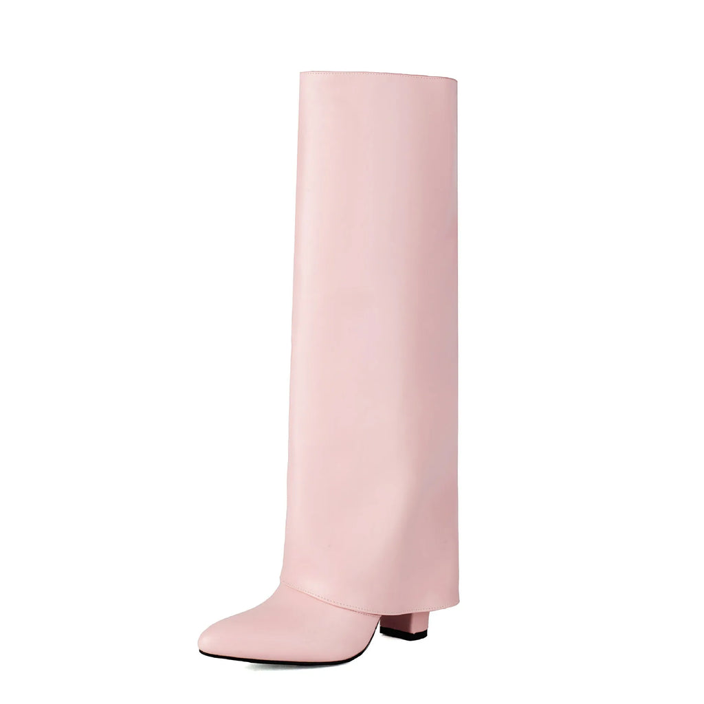 Women's plus size thick high heel boots in black, pink or white with European American style sewing lines