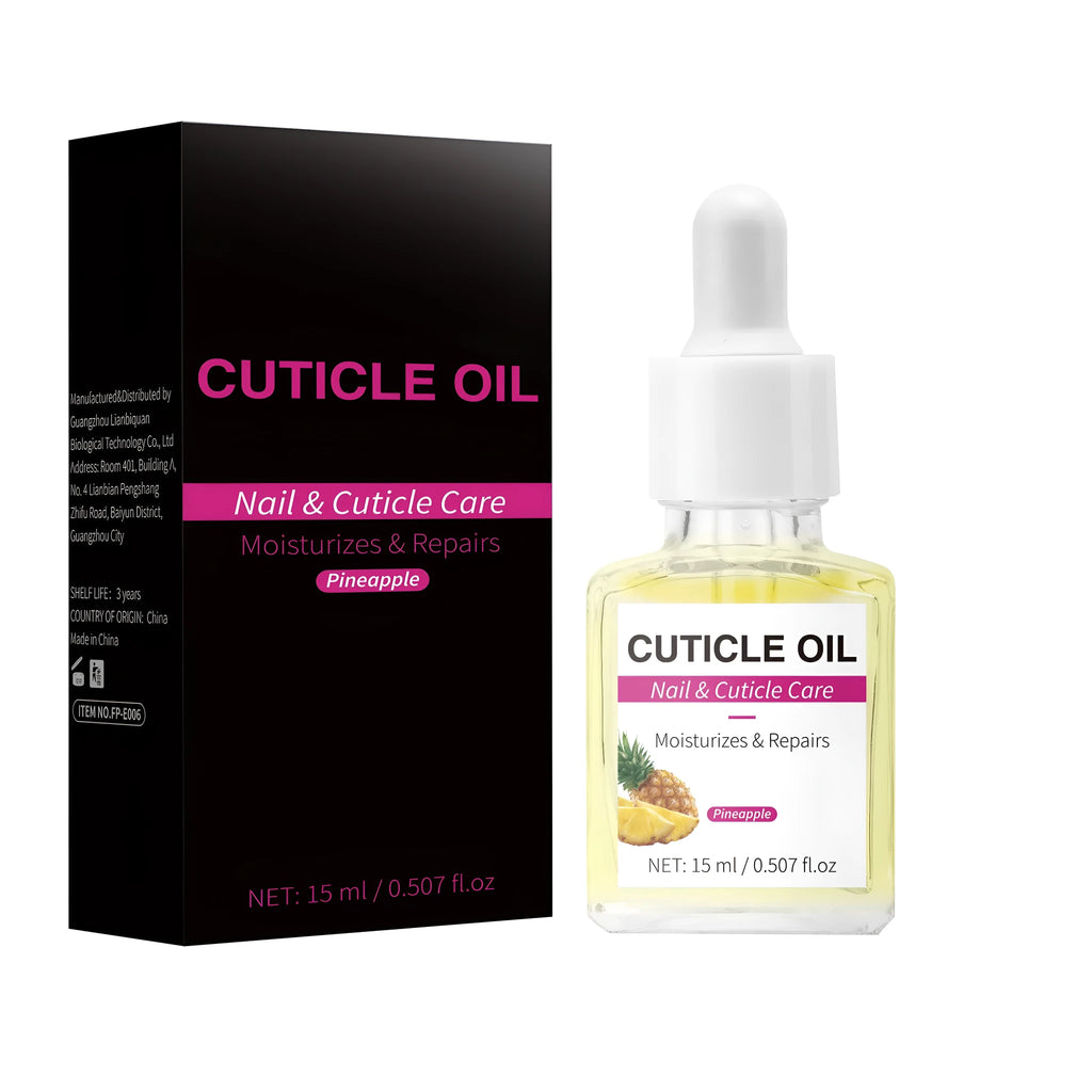 15ml bottle of moisturising nail cuticle oil with a soft-tip applicator for nail care.