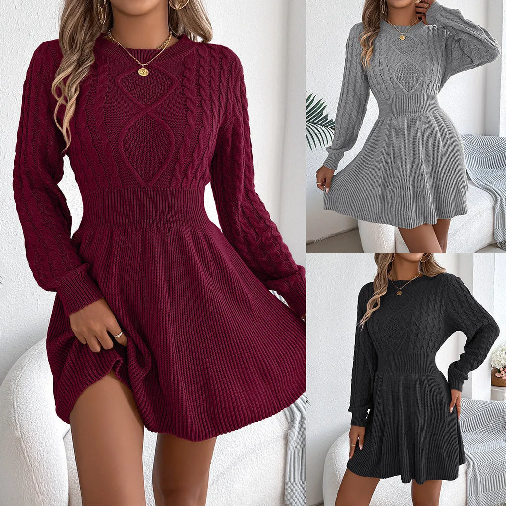 Black lantern sleeve sweater dress with elastic waist and artificial fur texture