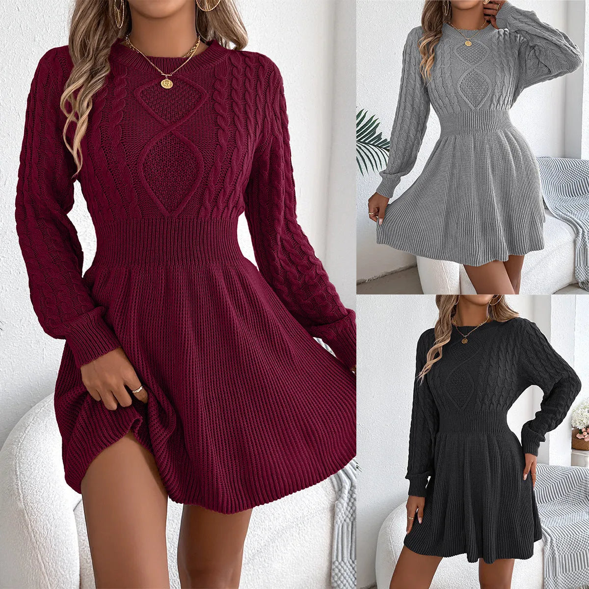 Black lantern sleeve sweater dress with elastic waist and artificial fur texture