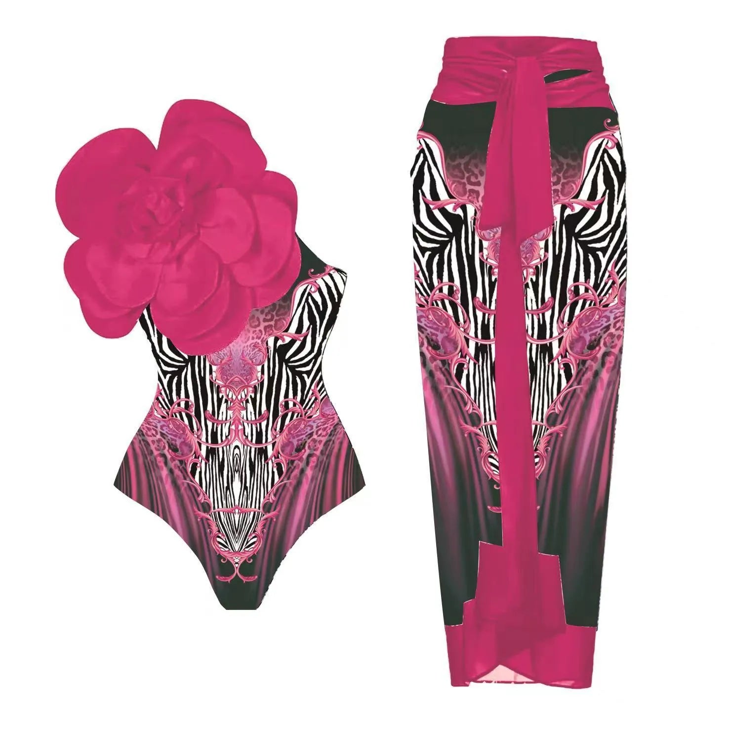Women's floral one-piece swimsuit set with optional wrap skirt in polyester fabric