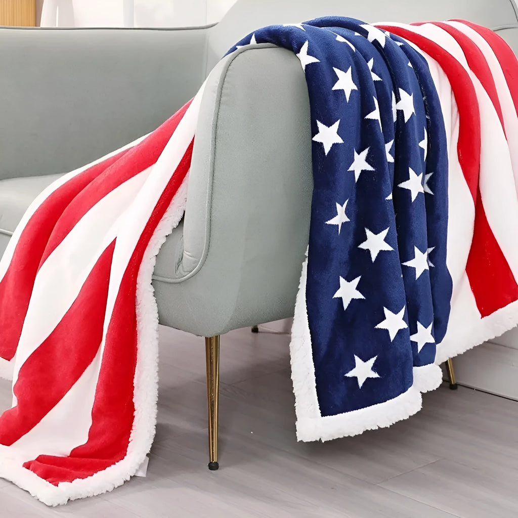 Lambswool blend polyester blanket with American stripe pattern showing three size options