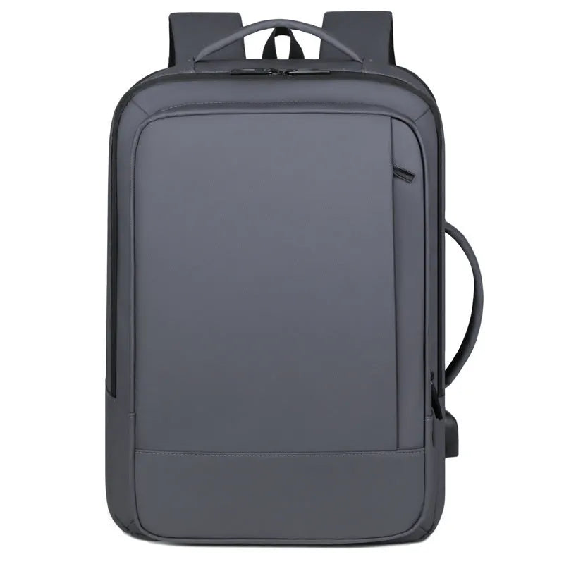 Black business backpack with curved shoulder straps showing waterproof Oxford cloth construction