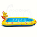 Blue and yellow dinosaur and shark themed large inflatable water spray pool for kids in a garden