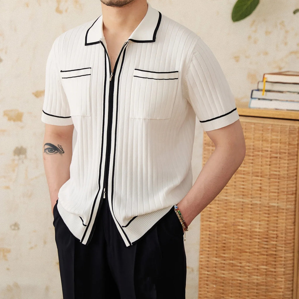 Slim elastic lapel collar short-sleeved polo shirt in black and white colours