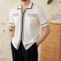 Slim elastic lapel collar short-sleeved polo shirt in black and white colours